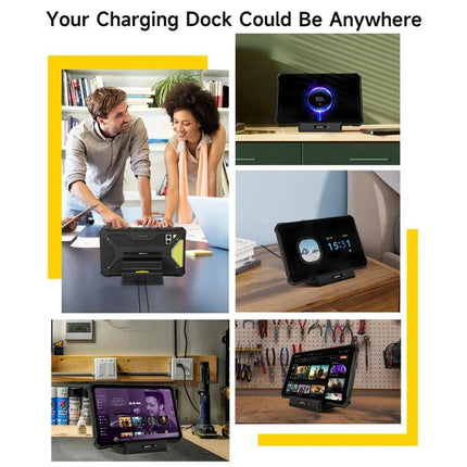 Ulefone Charging Dock for Everyday Desk Tablet Setup shown charging tablets and phones on home office, nightstand and workshop desks