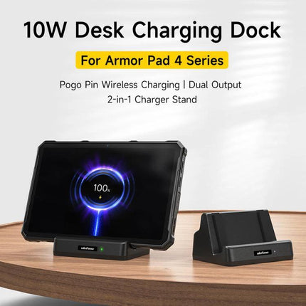 Ulefone Charging Dock for Everyday Desk Tablet Setup showing a tablet charging on a 10W desk dock with a second empty dock on a wooden desk