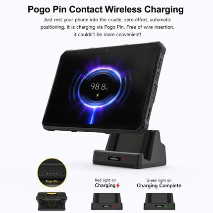 Ulefone Charging Dock for Everyday Desk Tablet Setup on desk showing pogo-pin contact charging cradle with device at 98% battery