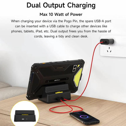 Ulefone Charging Dock for Everyday Desk Tablet Setup on desk charging tablet and phone with dual output and USB cable