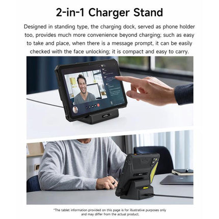 Ulefone Charging Dock for Everyday Desk Tablet Setup showing tablet on 2-in-1 charger stand in video call and side view on desk