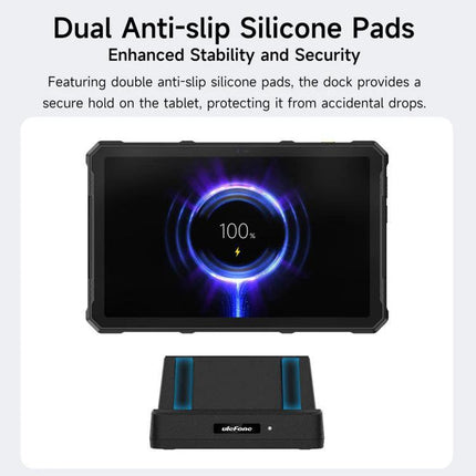 Ulefone Charging Dock for Everyday Desk Tablet Setup showing dual anti-slip silicone pads and tablet at 100% charge