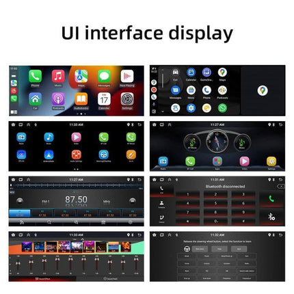 Car Audio Player with CarPlay and Android Auto Support showing UI interface display with app icons, navigation, music, radio and call screens