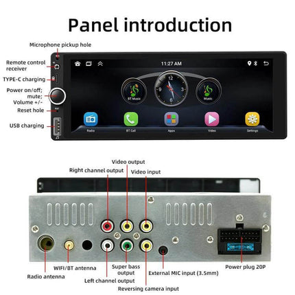 Car Audio Player with CarPlay and Android Auto Support front panel touchscreen with labeled ports and connectors