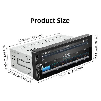 Car Audio Player with CarPlay and Android Auto Support - 7.44" touchscreen in-dash unit with dimensions shown, wired and wireless smartphone integration