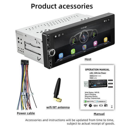 Car Audio Player with CarPlay and Android Auto Support showing touchscreen head unit, power cable, WiFi/BT antenna and manual