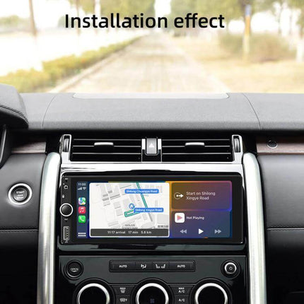 Car Audio Player with CarPlay and Android Auto Support installed in car dashboard showing navigation and media on touchscreen
