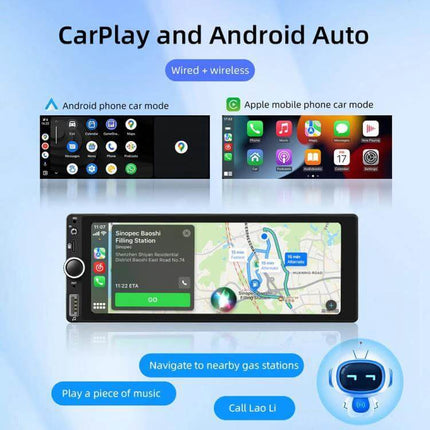 Car Audio Player with CarPlay and Android Auto Support showing navigation, music and hands-free call icons for wired and wireless smartphone integration