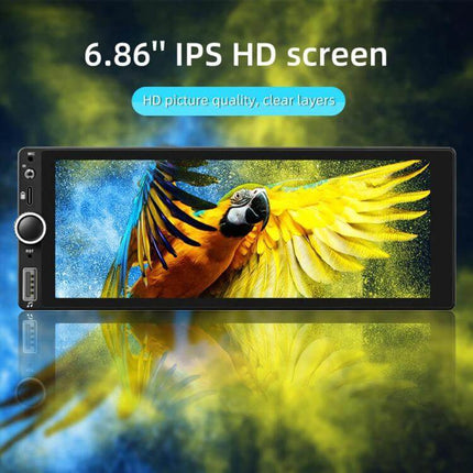 Car Audio Player with CarPlay and Android Auto Support 6.86" IPS HD touchscreen displaying vibrant parrot image, wired and wireless connectivity