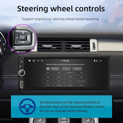 Car Audio Player with CarPlay and Android Auto Support steering wheel controls display showing button mapping for hands-free navigation and music