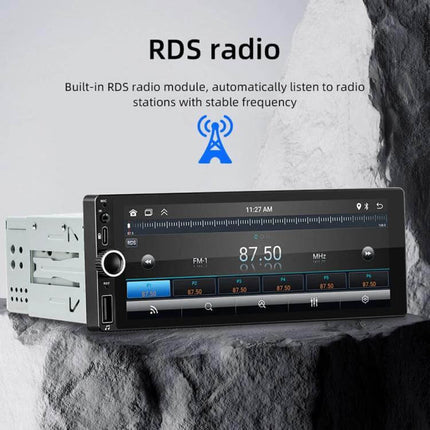Car Audio Player with CarPlay and Android Auto Support showing touchscreen RDS radio display and frequency 87.50 FM