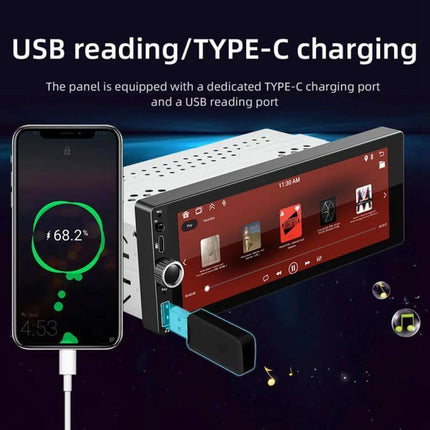 Car Audio Player with CarPlay and Android Auto Support - dashboard unit with USB and Type-C charging, smartphone wired and wireless integration