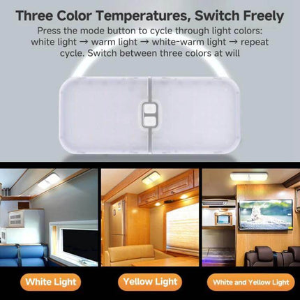 12-30V RV Roof Light With Three Color Temperatures showing three light modes (white, warm, white+warm) installed in RV interiors