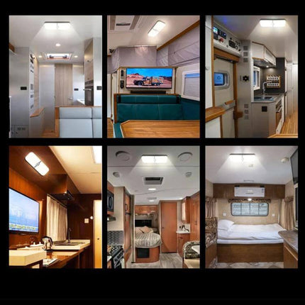 12-30V RV Roof Light With Three Color Temperatures installed in RV interior showing warm, neutral, and cool modes over kitchen, dinette, and sleeping areas