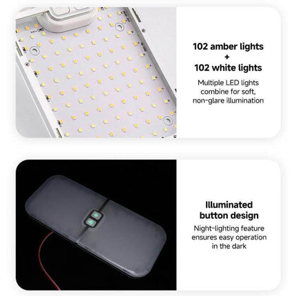 12-30V RV Roof Light With Three Color Temperatures showing LED array with 102 amber+102 white LEDs and illuminated button control