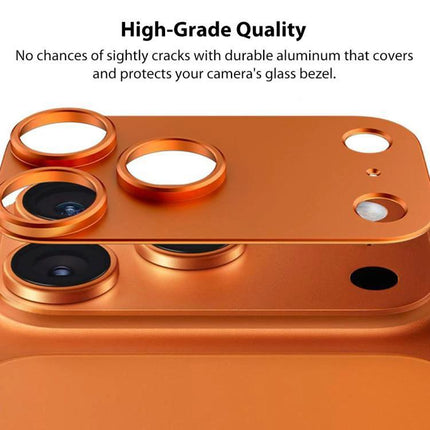XDcase Shield Lens Protector for Everyday Phone Use showing orange aluminum camera lens shield fitted over iPhone lenses protecting from scratches and smudges