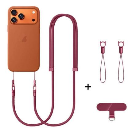 XDcase Adjustable Crossbody Phone Lanyard for Daily Use shown burgundy with phone, connectors and strap accessories