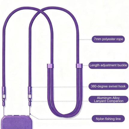 XDcase Adjustable Crossbody Phone Lanyard for Daily Use showing purple adjustable rope, length buckle, swivel hook and attachment details