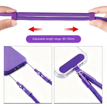 XDcase Adjustable Crossbody Phone Lanyard for Daily Use showing purple adjustable strap, connectors and phone attachment, length range 80-150cm