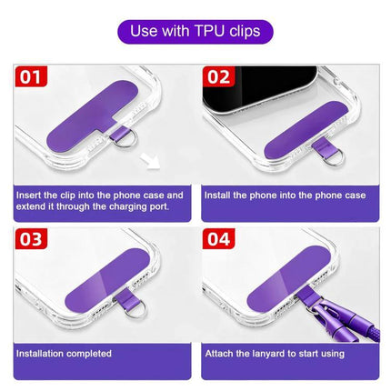 XDcase Adjustable Crossbody Phone Lanyard for Daily Use showing TPU clip installation steps on a clear phone case