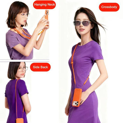 XDcase Adjustable Crossbody Phone Lanyard for Daily Use - model wearing orange lanyard crossbody and hanging neck phone carry