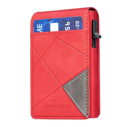 Embossed Prismatic MagSafe Leather Card Holder for Phones - red PU leather phone card holder with geometric embossing and one visible card
