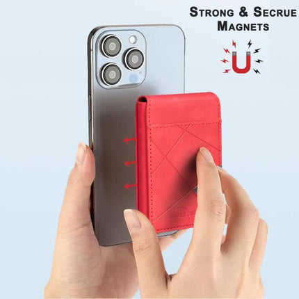 Embossed Prismatic MagSafe Leather Card Holder for Phones attached to iPhone showing strong secure magnets and red PU leather