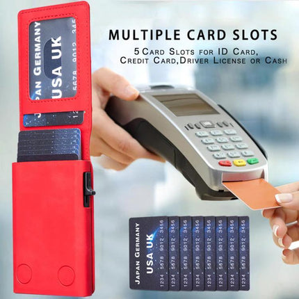 Embossed Prismatic MagSafe Leather Card Holder for Phones showing red PU leather holder with multiple card slots and contactless payment use