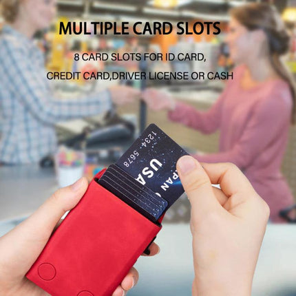Embossed Prismatic MagSafe Leather Card Holder for Phones showing red PU leather card holder with multiple card slots being used at checkout