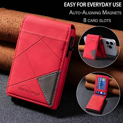 Embossed Prismatic MagSafe Leather Card Holder for Phones - red PU leather MagSafe card wallet with foldable 8-slot design