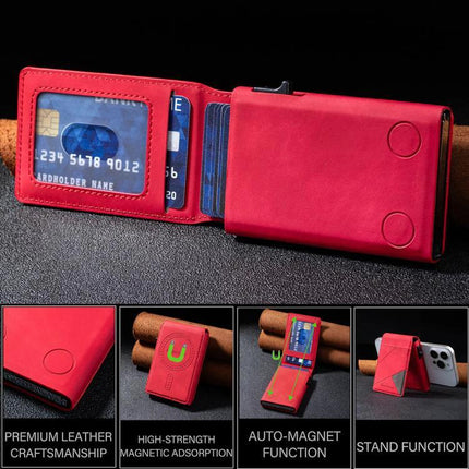 Embossed Prismatic MagSafe Leather Card Holder for Phones in red PU leather attached to iPhone, showing card slots and foldable stand