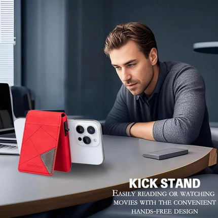 Embossed Prismatic MagSafe Leather Card Holder for Phones displaying red PU leather card holder attached to iPhone as kickstand for hands-free viewing
