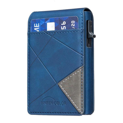 Embossed Prismatic MagSafe Leather Card Holder for Phones in blue PU leather with card pocket and diagonal stitch detail
