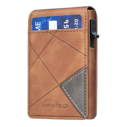 Embossed Prismatic MagSafe Leather Card Holder for Phones - brown PU leather card wallet attached to iPhone, card visible