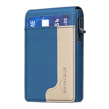 Colorblock Magnetic Leather Card Holder for Cards and Phone in blue and beige PU leather with card slot and magnetic phone stand
