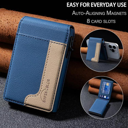 Colorblock Magnetic Leather Card Holder for Cards and Phone shown in blue and beige PU leather with 8 card slots and magnetic phone-stand feature