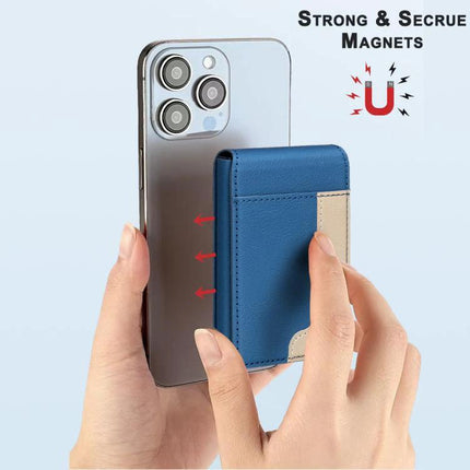 Colorblock Magnetic Leather Card Holder for Cards and Phone attached to smartphone showing blue tan PU leather card wallet and magnetic connection