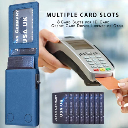 Colorblock Magnetic Leather Card Holder for Cards and Phone showing blue PU leather wallet with multiple card slots and phone stand feature