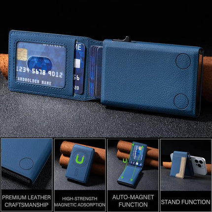 Colorblock Magnetic Leather Card Holder for Cards and Phone showing blue PU leather wallet with card slots, magnetic phone-stand function and premium craftsmanship