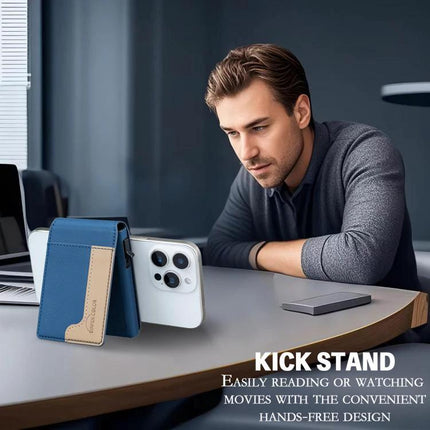 Colorblock Magnetic Leather Card Holder for Cards and Phone displayed as blue tan PU leather wallet attached to phone acting as kickstand for hands-free viewing