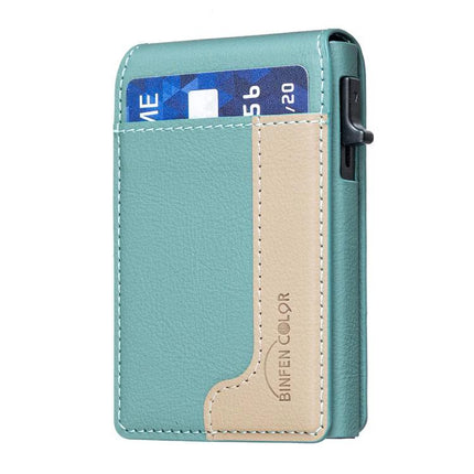 Colorblock Magnetic Leather Card Holder for Cards and Phone in teal and beige PU leather with external card pocket and phone-stand feature
