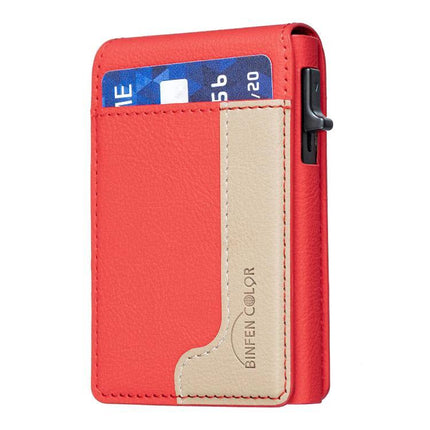 Colorblock Magnetic Leather Card Holder for Cards and Phone in red beige PU leather with card pocket and phone-stand magnetic design