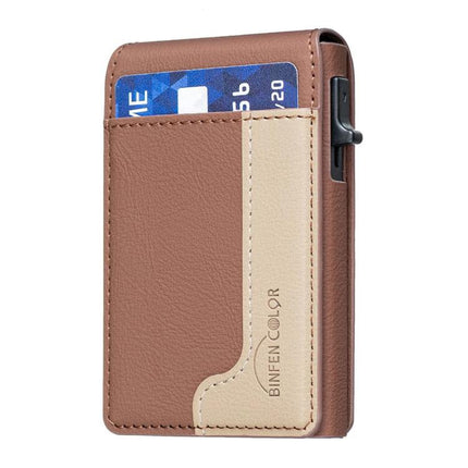 Colorblock Magnetic Leather Card Holder for Cards and Phone showing tan and beige PU leather with card slot and phone stand feature