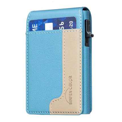 Colorblock Magnetic Leather Card Holder for Cards and Phone in blue and beige PU leather showing card pocket and magnetic phone-stand feature