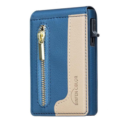 Leather Magnetic Card Holder with Zipper and Phone Stand in blue PU leather with front zipper pocket and beige accent, compact wallet and phone stand