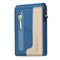 Leather Magnetic Card Holder with Zipper and Phone Stand in blue PU leather with front zipper pocket and beige accent, compact wallet and phone stand