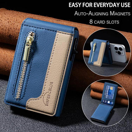 Leather Magnetic Card Holder with Zipper and Phone Stand compact PU leather wallet with zipper pocket and built-in phone stand for commuters