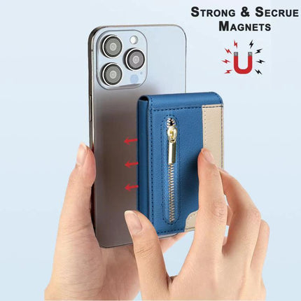 Leather Magnetic Card Holder with Zipper and Phone Stand attached to phone via strong magnets, blue PU leather with zipper and phone-stand feature