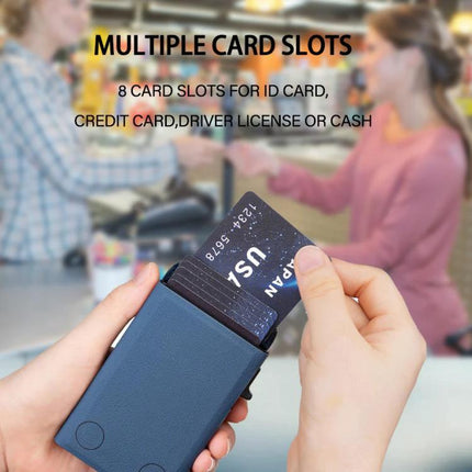 Leather Magnetic Card Holder with Zipper and Phone Stand showing multiple card slots and a person removing a credit card