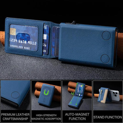 Leather Magnetic Card Holder with Zipper and Phone Stand in blue PU leather showing cards, zipper pocket and folding phone stand